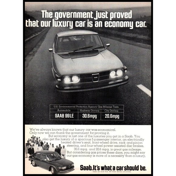 1974 Saab 99LE Sedan Vintage Print Ad Fuel Economy Crisis Headlights Wall Art - Picture 1 of 1